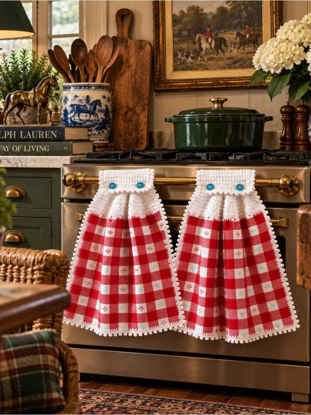 Pioneer Woman Crochet Hanging Kitchen Towels Pair Red Check